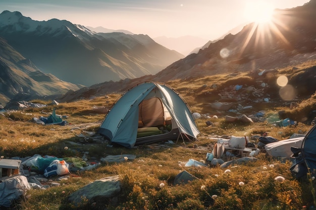 Une tente dans les montagnes avec le soleil qui brille dessus