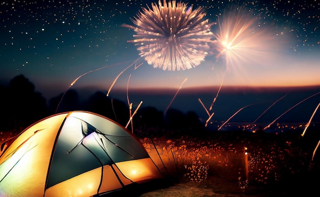 Photo une tente dans la nature avec fond de feux d'artifice