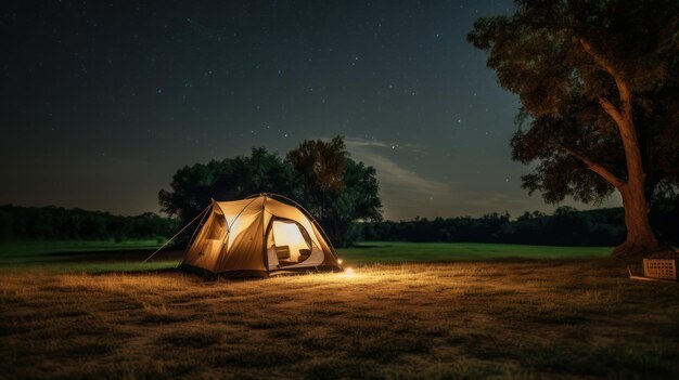 Photo une tente dans la prairie la nuit.