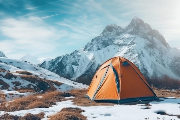 Tente debout haut dans les montagnes sur le sol couvert de neige