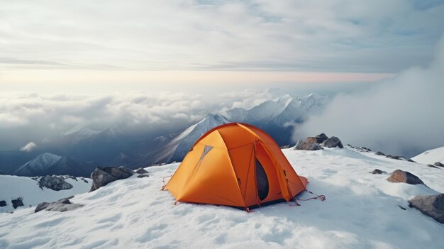 Une tente dressée au sommet d'une montagne enneigée