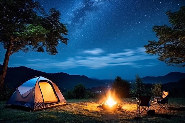 Photo une tente dressée dans un champ avec un feu de camp au premier plan