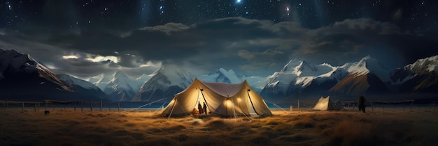 Une tente dressée devant un beau paysage en plein air la nuit