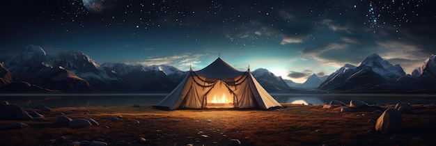 Une tente dressée devant un beau paysage en plein air la nuit