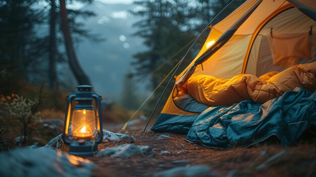 Une tente éclairée la nuit