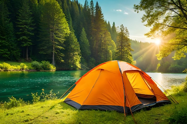 Une tente est dressée sur l'herbe au bord d'un lac.