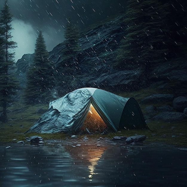 Une tente est éclairée dans le noir avec les lumières allumées.