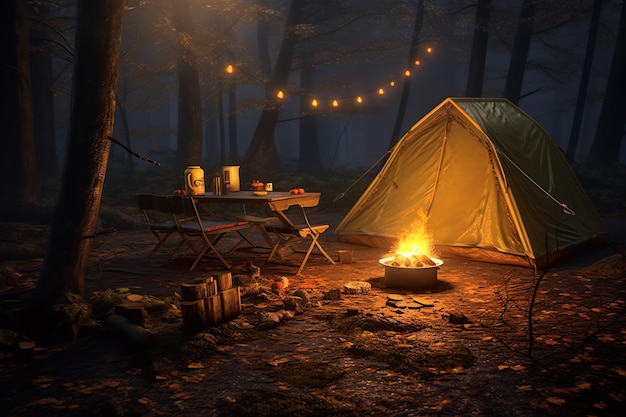 Une tente est installée dans une forêt avec des lumières suspendues au plafond.