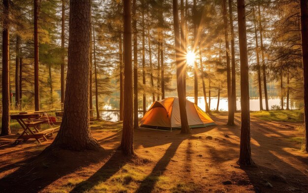 Photo une tente est posée dans une forêt avec le soleil qui brille à travers les arbres.