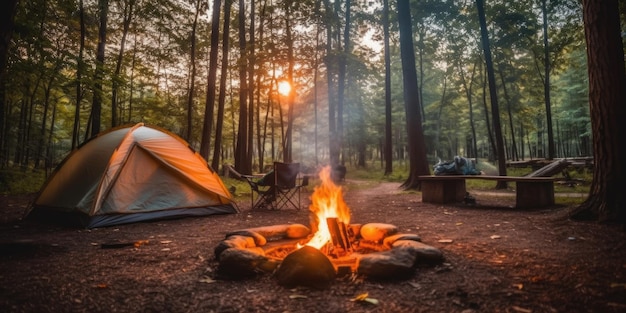 Une tente de feu de camp et une image de fond de forêt d'un voyage de camping en vacances d'été dans la nature