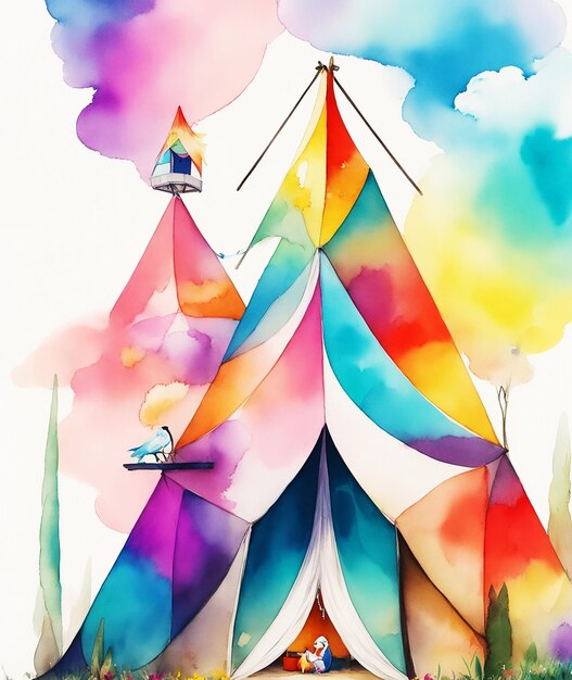 Tente géométrique chalet paradis papillon fleurs arc-en-ciel peinture moelleuse sur papier image aquarelle HD