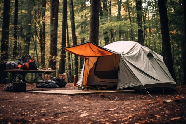 Une tente installée dans un camping gratuit en forêt