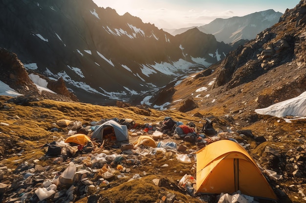 Une tente jaune dans les montagnes avec le soleil qui brille dessus