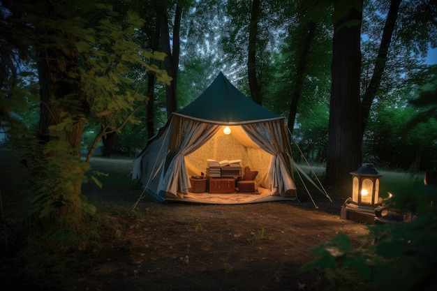 Tente avec lanterne et livre le soir entouré d'arbres créés avec ai générative