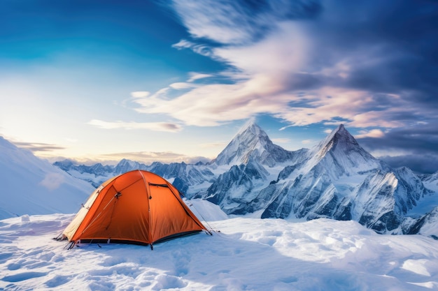 Tente orange debout dans une montagne sur la neige