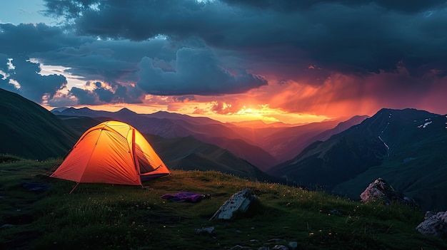 Une tente orange éclatante dans les montagnes sous un ciel nocturne spectaculaire Un coucher de soleil rouge et des montagnes en arrière-plan Paysage d'été