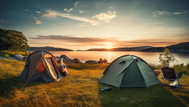 Tente photo de camping en plein air en pleine nature près d'un lac au coucher du soleil randonnée aventure en plein air