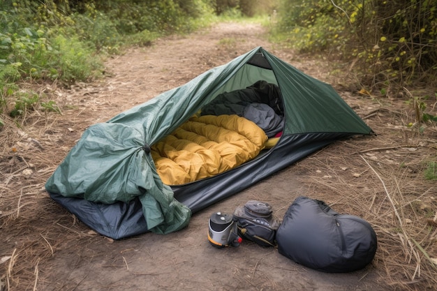 Tente pour une personne avec sac de couchage et oreiller prêt pour la nuit créée avec générative ai