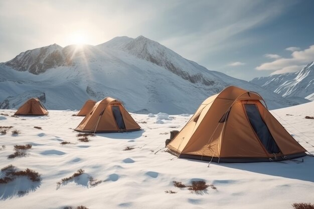 Tente près des montagnes enneigées en hiver