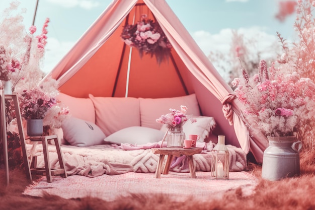 Une tente rose avec une couverture rose et des fleurs au sol.