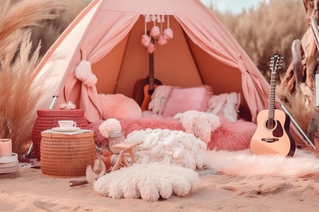 Une tente rose avec une guitare sur la plage