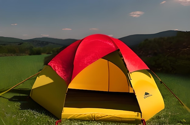 Tente rouge jaune et bleue avec le mot camping dessus photo AI Generated