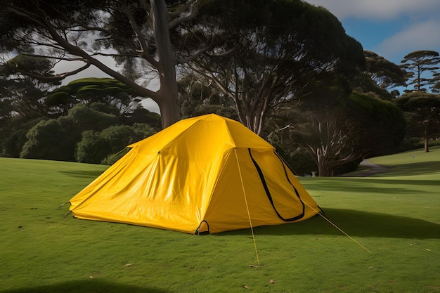 Une tente sur un terrain de golf est installée sur un terrain verdoyant.