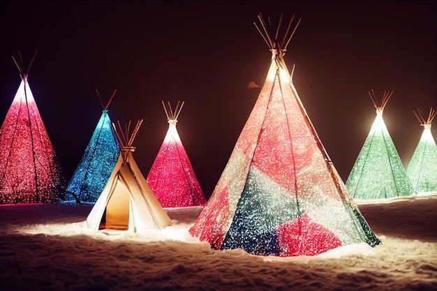 Tente tipi dans les lumières de Noël