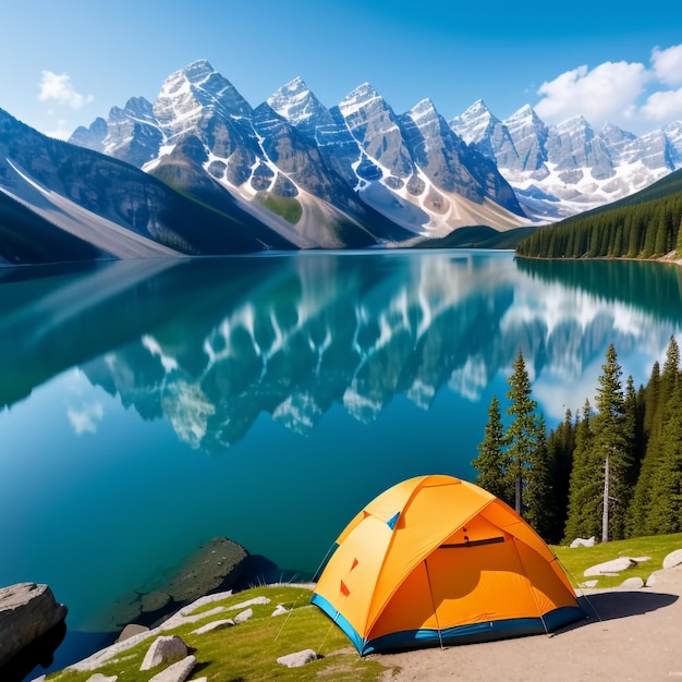 Tente touristique au bord d'un lac de montagne sur fond de montagnes Generative AI