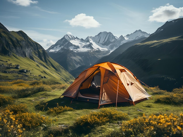 Photo tente touristique camping en montagne au coucher du soleil en hiver