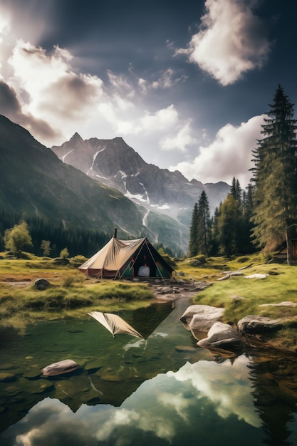 Une tente touristique dans le paysage montagneux paisible