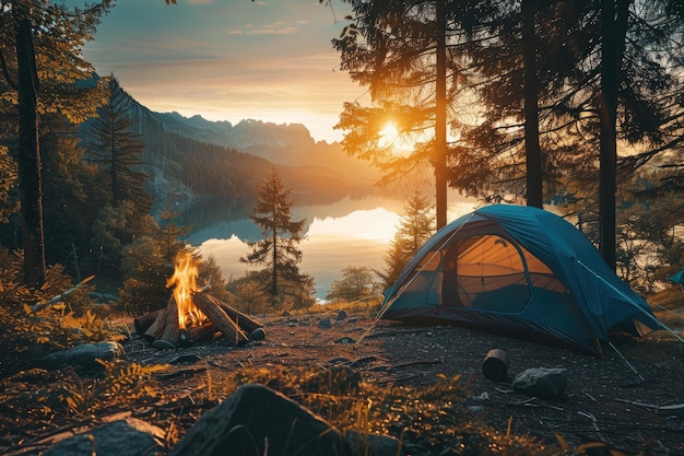 Une tente touristique et un feu de camp près d'un lac forestier