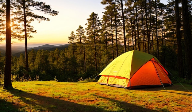 Tente touristique en forêt au coucher du soleil Concept de voyage Generative AI