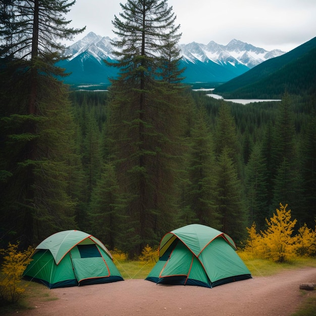 Une tente verte est installée devant une forêt avec des montagnes en arrière-plan.