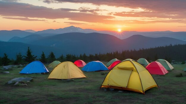 Photo tentes de camping dans le camping sur la colline avec le lever du soleil sur la montagne dans le parc national activité de loisirs recr