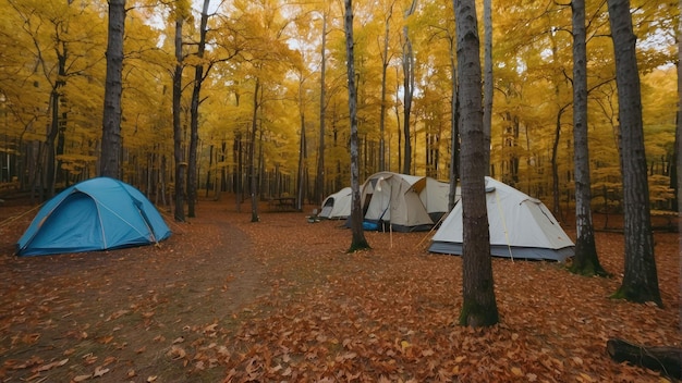 Des tentes de camping dans une forêt d'automne brumeuse