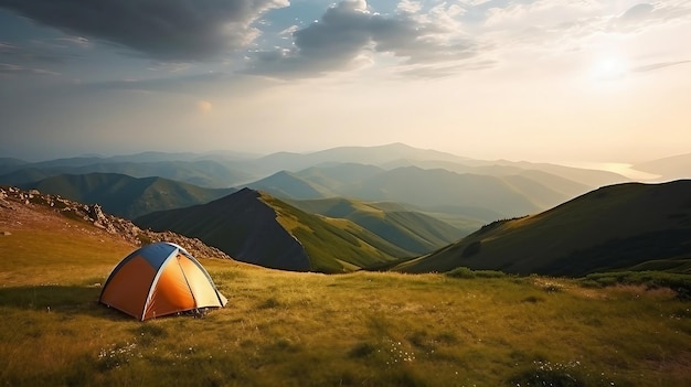 Tentes de camping dans une vallée de montagne vue panoramique sur la montagne