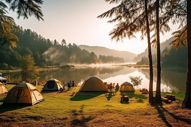 Des tentes de camping sous des pins à la lumière du soleil au lac Pang Ung