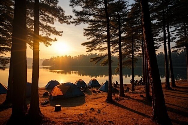 Des tentes de camping sous des pins à la lumière du soleil au lac Pang Ung
