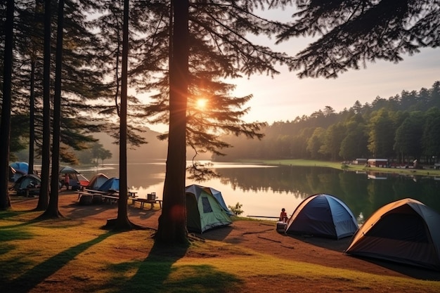 Photo des tentes de camping sous des pins à la lumière du soleil au lac pang ung