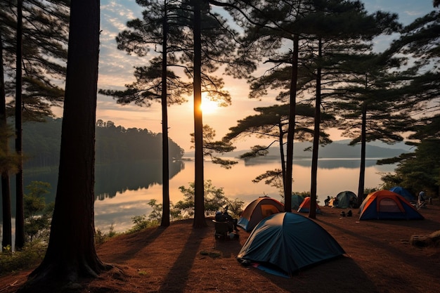 Des tentes de camping sous des pins à la lumière du soleil au lac Pang Ung