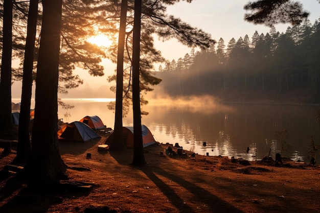 Photo des tentes de camping sous des pins à la lumière du soleil au lac pang ung