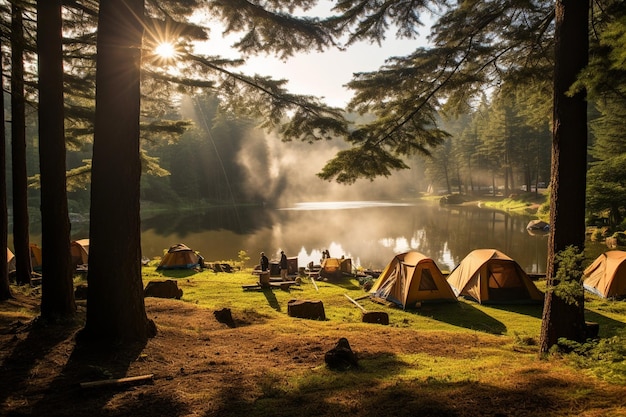 Des tentes de camping sous des pins à la lumière du soleil au lac Pang Ung