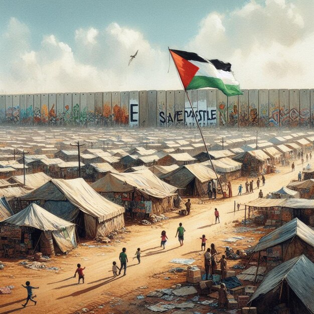 Des tentes de fortune et des peintures murales d'espoir entourent la bannière Save Palestine en peinture à l'aquarelle