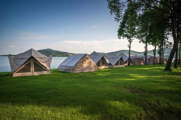 Tentes pour camper sur la pelouse sur un thème de voyage ensoleillé