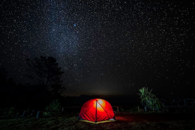 Photo des tentes rouges éclairées sous les étoiles