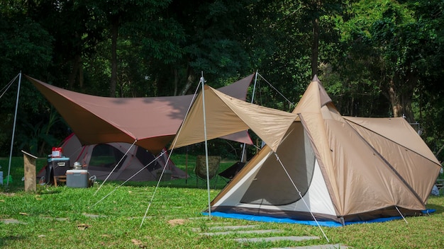 Tentes de terrain sur pelouse verte dans la zone de camping du parc naturel