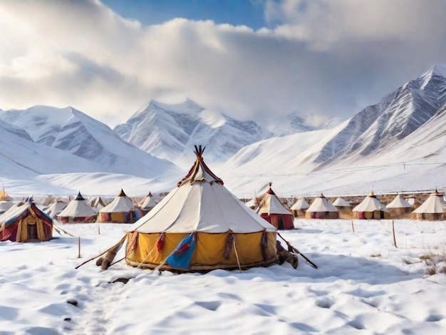 Des tentes tibétaines dans une vallée enneigée