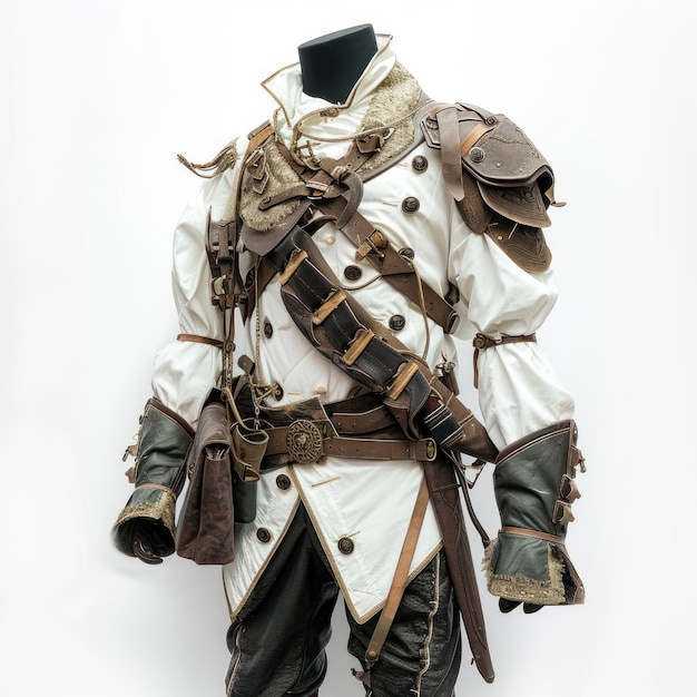 Une tenue de fantaisie d'aventure décontractée faite à partir de morceaux d'un uniforme de capitaine impérialiste français steampunk avec un fond blanc chauve v 6 ID de travail d4213c0ccba94a659d45ca24d19d9338