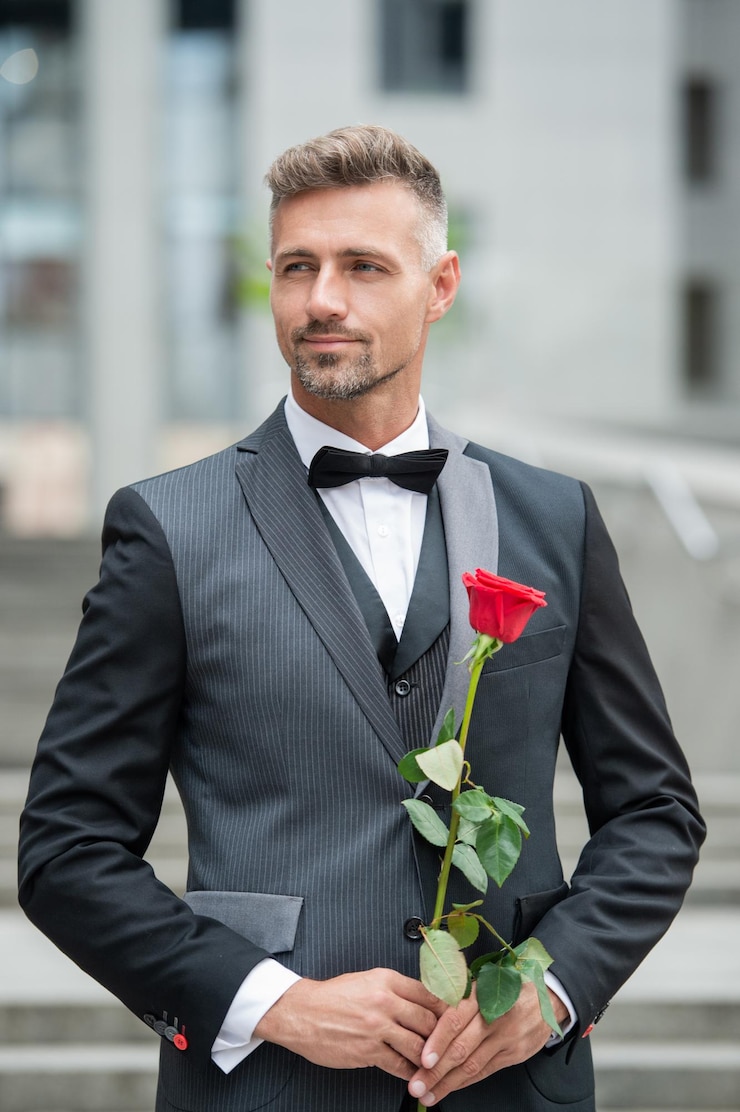 Photo tenue formelle d'occasion spéciale homme souriant avec rose pour occasion spéciale tuxedo homme en plein air
